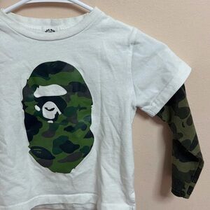 Bape White Long-Sleeve Tee with Green Camo Ape Head